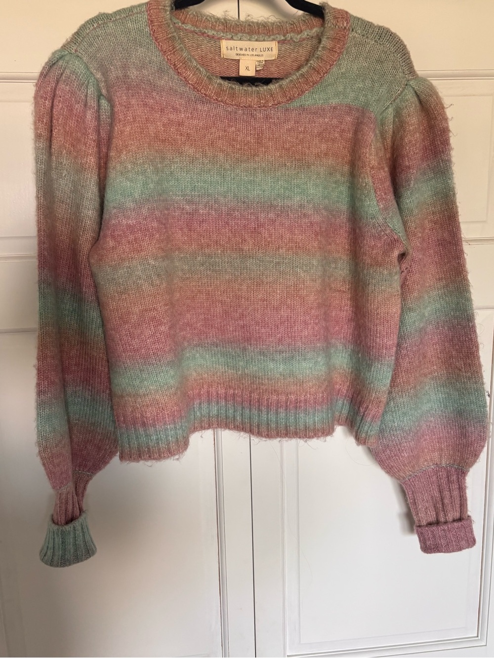 saltwater LUXE Pastel Striped Crewneck Sweater in Mint & Rose